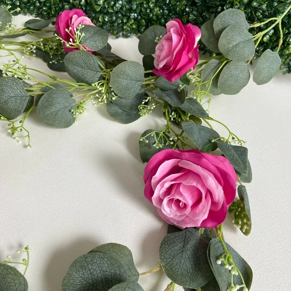 2 count Fuchsia Hot Pink Rose Eucalyptus Seeded Flower Buds Garlands 6 feet